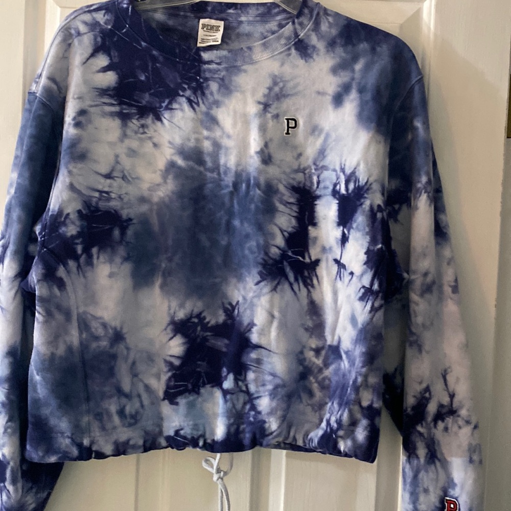 Pink L sweat shirt heavy tie bottom excellent condition blue/white